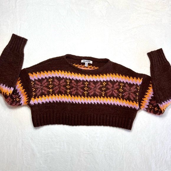 Urban Outfitters Cropped Sweater Women Size M Brown Pink Yellow FairIsle NWOT - Picture 5 of 11